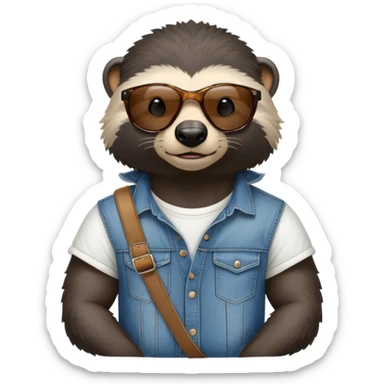 friendly anthropomorphised honey badger in jeans and a t-shirt, wearing sunglasses, head and shoulders view, looking to the side sticker
