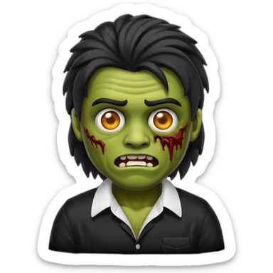 Emoji masculino de zumbi estilo iPhone,com cabelo ondulado mullet e preto, camisa preta e brincos sticker