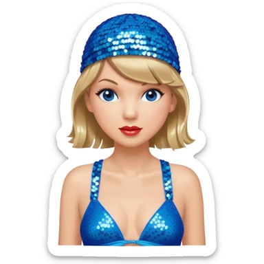 Taylor Swift wearing a blue bathing suit with sparkly sequin straps. She is also wearing a sequin blue swim cap with a sequin strap going under her chin. She has a blue tinsel boa draped over her shoulders. sticker