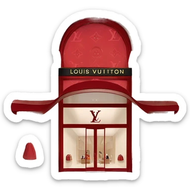 “Louis Vuitton store exterior with a red facade, iconic LV monogram, large glass windows, and elegant entrance doors.” sticker
