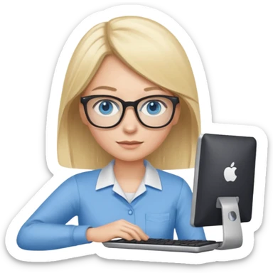 donna, occhi azzurri con occhiali, capelli medi, lisci e biondi, lavora al pc. sticker