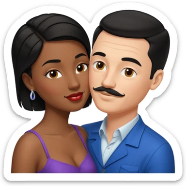 white man, black hair, slicked back, mustache kissing black woman with short black hair emoji sticker