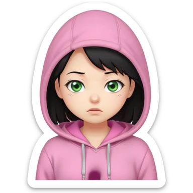 Cute chibi-style emote with exaggerated facial expressions, rounded proportions, and soft colors inspired by kawaii aesthetics.  Perplexed or uncertain look, raised eyebrow or tilted head, slightly funny and relatable. female with black hair and greeneyes wearing a pink hoodie sticker