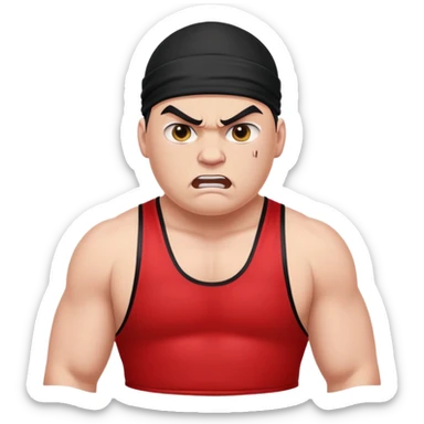 Close-up of white skin fat guy with young face, no muscle with prominent black durag, completely shaved face, no beard or mustache, black eyes in a red and black wrestling singlet with angry face sticker