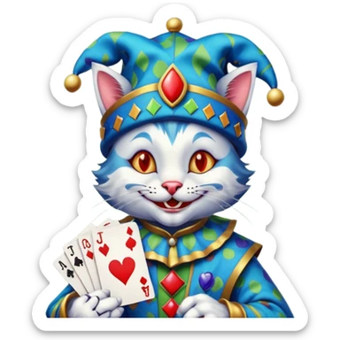crazy colorful cute little cat jolly joker from poker, medieval, vintage, court jester, mac os icon, blue color, holds a single poker card on the right paw sticker