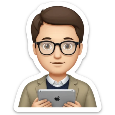 man in glasses holding an iPad sticker
