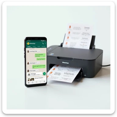 realistic thumbnail for a WhatsApp print out service, showing a smartphone with WhatsApp open on the left side, displaying a chat with various file types including photos, documents, PDFs being sent, and a printer on the right printing out different types of files, on a clean background sticker