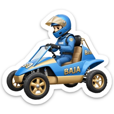 A small blue and gold dune buggy featuring a driver in a motorcycle helmet, with the word "BAJA" displayed on the side panel. sticker