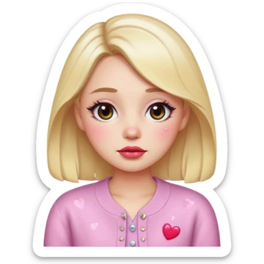 “Emoji girl, dewy skin, heavy blush across cheeks and nose bridge, glossy cherry lips, soft puppy eyeliner, teary sparkling eyes, pastel cardigan.” sticker