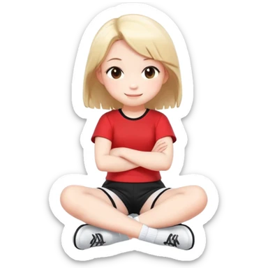 สร้างภาพตัวการ์ตูน "Cute 3D cartoon of a happy little girl with brown pigtails, sitting with her arms crossed, style manga/chibi"
"Adorable chibi girl with a smile face, sitting cross-legged, 3D render"
 wearing เสื้อสีแดง กางเกงขาสั้นสีดำ, ถุงเท้าสีขาว, รองเท้าสีขาว full body, illustration  sticker