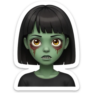 Zombie girl emoji verde escuro com cabelo curto liso preto no ombro e franja na altura da sobrancelha cobrindo completamente a testa, com uma blusa preta, olhos castanhos escuros sticker
