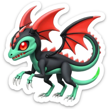 Obsidian-black and neon-glowing-green skeletal Meloetta-Salandit-Gorebyss-Salazzle-Pokémon-Fakémon-creature-fusion-hybrid with glowing crimson-red evil slit eyes sticker