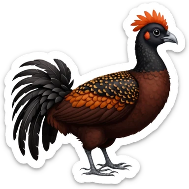 A full-body image of a large, dark-colored bird resembling a curassow or guam, standing on a white background. The bird's body is predominantly a rich reddish-brown or chestnut color, with a pattern of fine white speckling or barring sticker