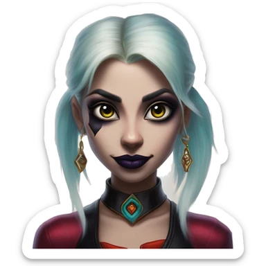 Night Elf Jasmine in Harley Quinn style, oil paint, mysterious eyes, intricate lips, masterpiece portrait, odd perspective, beautiful, desirable, logical sticker