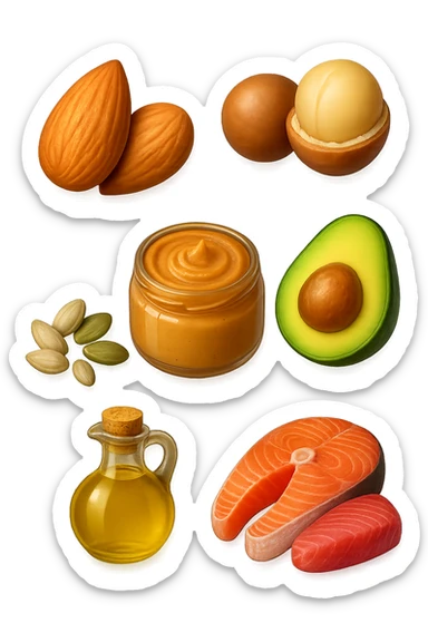 EMOJI STILE IPHONE DI
Frutta secca (mandorle, noci macadamia)
Burro di frutta secca (es. burro di arachidi)
Avocado (in piccole porzioni)
Semi
Olio extravergine d’oliva
Pesce grasso (salmone, tonno)
, fluttuano in aria REALISTICA 4K sticker