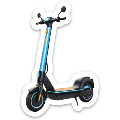 An icon featuring a sleek electric scooter parked on a scenic path. The background showcases a vibrant city park with green trees, flowers, and a clear blue sky. The sun sets in the distance, casting a warm golden glow on the landscape. Transparent background sticker