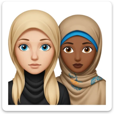 white girl with long blonde hair, blue eyes, tattoos, a septum nose piercing next to a dark skinned woman in a hijab with brown eyes sticker