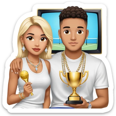 Breaking news Internet celebrity Josh King Madrid jetset wearing shiny diamond earrings and sparkly iced out diamond tennis necklace chains with Instagram model girl tefi valenzuela sitting with him holding gold internet celebrity trophy on tv show in Miami sticker