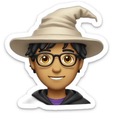 young male wizard skin tone 3 with black hair and glasses with hat frontview middle parting hair sticker