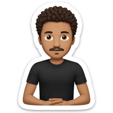 Young man with medium brown skin, curly medium-length dark brown hair, strong eyebrows, defined goatee and mustache, wearing a confident and calm expression. Casual style with a black T-shirt. Lighting is warm and cozy. Sitting indoors, with soft shadows on his face. sticker