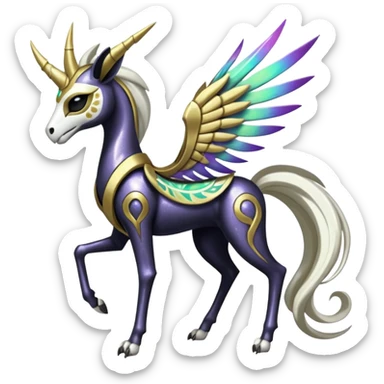 Colorful Royal Glittery Elegant Divergent Divine Gracious Beuatiful Shiny Tribal Skeletal masked armored Meloetta-Silvally-Solgaleo-Raikou-Pokémon-Digimon-Fakémon-fusion-hybrid-creature, full body sticker