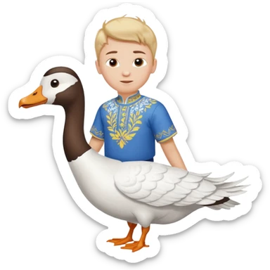A boy in a Ukrainian white embroidered shirt flies on a white goose sticker