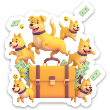 Yellow emoji with karate dogs, a briefcase, money, a phone and a paintbrush flying in its aura sticker