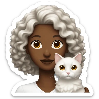 long curly haired brown skinned lady holding white cat  sticker