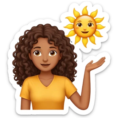 Brown woman with dark brown long curly hair saying good morning with the sun and yellow shirt  sticker