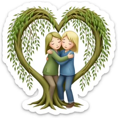 heart-shaped weeping willow tree with two people inside giving each other a comforting, caring, supportive hug, not romantic, with a small heart above them sticker
