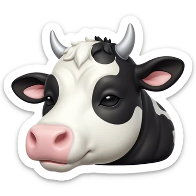 Meme-Worthy Cute Sleeping Black and White Cow Portrait Emoji, Head resting peacefully with a contented smile, showcasing a robust build and a luxuriously soft contrasting coat of black and white, eyes shut in a serene, restful nap, Simplified yet hilariously adorable features, highly detailed, glowing with a soft, drowsy light, high shine, relaxed and utterly lovable, stylized with an air of playful laziness, bright and heartwarming, soft glowing outline, capturing the essence of a comically sleepy cow, so meme-worthy it feels like it could instantly become the next viral sensation of adorable slumber! sticker