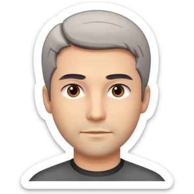 Description: dark gray straight hair combed forward, crop haircut, light stubble, brown eyes.
Image: barber sticker