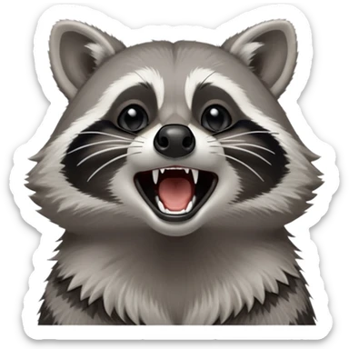 Cinematic-cute realistic- Yawning Raccoon-Portrait-Emoji – Poised and confident, wide-open yawn, revealing a soft grey with a sturdy build and a beautifully textured fur of silver-grey accented by dark black facial markings, deep-set, big black eyes, simplified yet sharp and sophisticated zoom out to show shoulders sticker