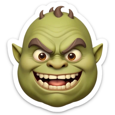 Cinematic Comical Ogre Portrait Emoji, with a strikingly exaggerated, bulky figure in vivid earthy greens and browns, head tilted in a dramatically surprised expression with wide, comically bulging eyes and a goofy, oversized grin, simplified yet hilariously exaggerated, highly detailed with a soft, cartoonish glowing outline capturing the playful absurdity of a meme-worthy ogre! sticker