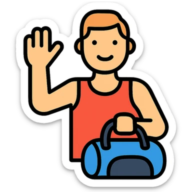 a sportsman holding his gymbag waving his hand goodbye sticker