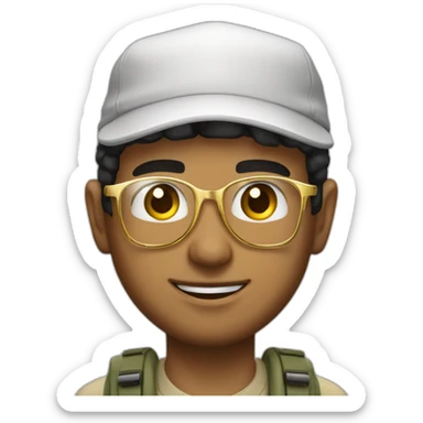 young arab man no beard with fishing bob hat, clear gold glasses and pro camera sticker