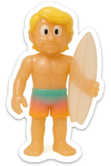 full-body surfer bro, retro 90's toy style, very transparent and slightly see-through, natural tan skin, blonde hair, colorful shorts, large white eyeballs with small black pupils, soft plastic texture, soft reflections, soft and squishy, some cloudiness, not shiny, highly detailed, appealing, no tag, no background sticker