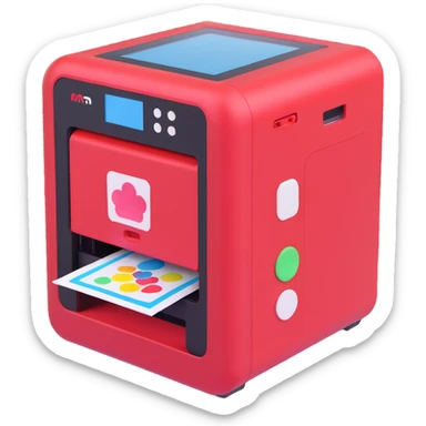 3D box resembling a classic Etch A Sketch with a red frame, white knobs, and glass screen, top designed as a printer actively printing colorful stickers, stickers visible emerging from the printer top, playful, nostalgic, tech-forward sticker
