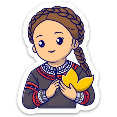 Ukrainian young girl with braided hair wearing traditional vyshyvanka embroidered shirt holding the sun in her hands sticker