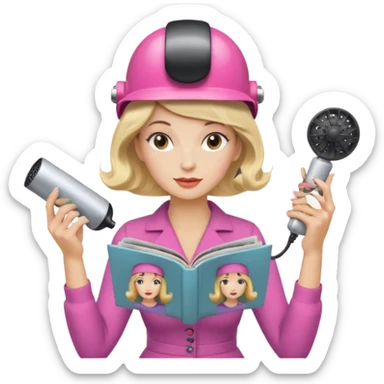 Emoji de mujer con casco secador, pelo recogido, rulos y leyendo revista cogiéndola con las dos manos estilo vintage chic sticker