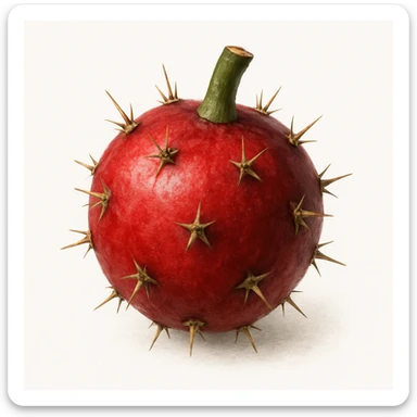 red round Stenocereus fruit with short cactus spikes and small green stem, realistic style, isolated sticker