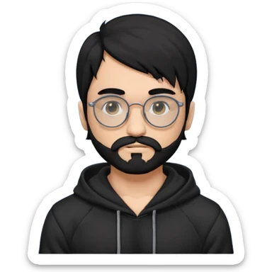 Man, hispanic skin, black hair, black beard, black mustache black eyes black t hoodie, small nose, long emo hair, muscular , round glasses sticker