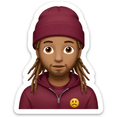 Animate a caramel skinned male with brown dreads and a tan beanie with a burgundy tracksuit on sticker