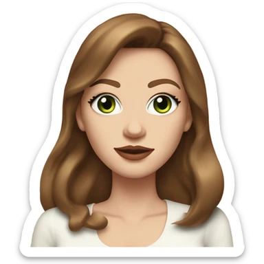 woman, with chestnut brown hair, her hair are a 90s voluminous blowout with curtain bangs, she has very green eyes and a white pale skin, she has pink lipstick on and long lashes, she wears a white to and  gold earrings  sticker