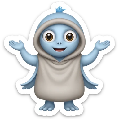 No head..it has 1 eye....stands upright ...wears clothing. is light grey and light blue..looks happy and cuddly... doesnt have a full head.... there is a appendage coming out of top of body with a single large eye sticker