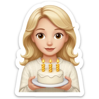 A pretty white girl with hazel brown eyes and long  down and blonde wavy hair in a cosy white knit sweater, she is celebrating her birthday and is happy sticker
