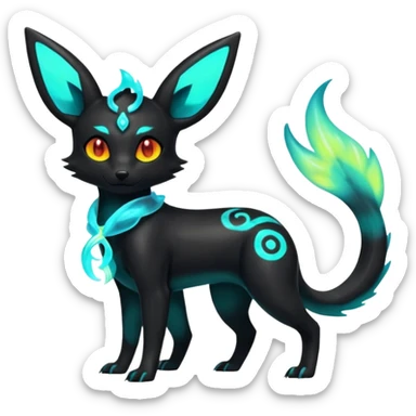 Shiny Ethereal Eldritch Cool Edgy Badass Punky Aural Iridescent Fluorescent Bioluminescent Umbreon-Amaura-Salandit-Litten-Flareon-Fakémon-fusion (full body) sticker