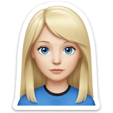 40 yr old white woman, pale skin, long straight blond hair parted in center, blue eyes, bangs sticker