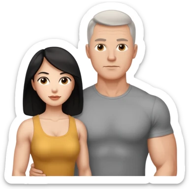 white dad with short buzzed fade brunette, 35 years old and muscular. standing net to asian whife with long black hair and big brown eyes.   sticker
