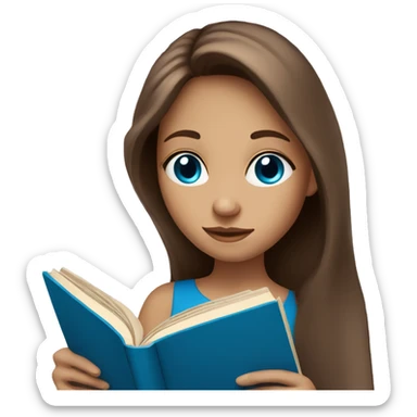 A girl with blue eyes, long brown hair and fair skin reading book sticker